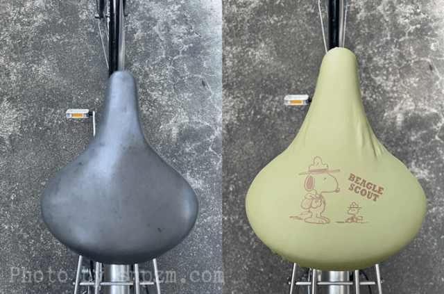 スヌーピーのサドルカバー「チャリCAP」装着前後。カビが見えなくなる!